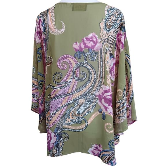 BOB MACKIE Kimono Artsy Floral Large Sheer Poncho Roses Paisley Dressy Green - Picture 3 of 10